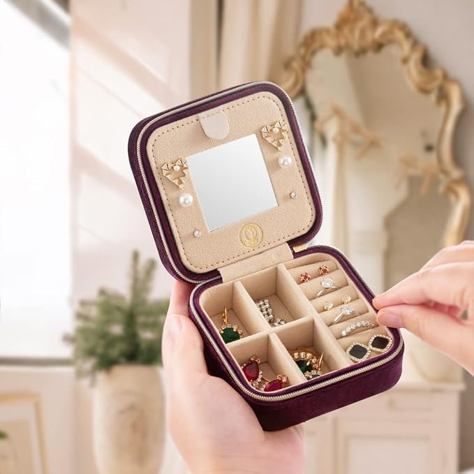 ZPROW Plush Velvet Travel Jewelry Case, Travel Jewelry Organizer, Jewelry Travel Case, Travel Jewelry Box, Small Jewelry Case for Women,Jewelry Travel Box, Earring Organizer with Mirror - Purple