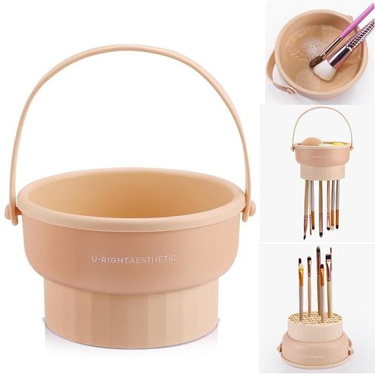 GOLIKEE Makeup Brush Cleaner Mat 3 in 1 Silicone Makeup Brush Cleaner Bowl Cosmetic Brushes Cleaning Tool Organizer for Storage and Air Drying（Khaki）