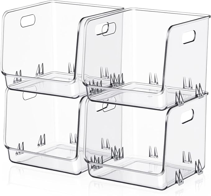 4 Pcs Clear Plastic Storage Bins Stackable Pantry Storage Organizer Kitchen Cabinet Organizers Ideal Containers for Coffee Pod Tea Sugar Bag Fridge Caddy Office