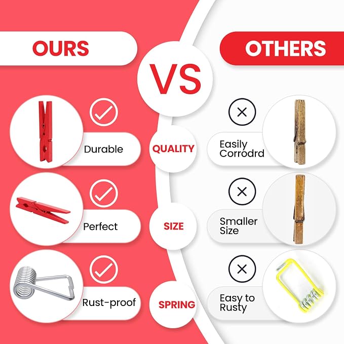 50PCS Colored Wooden Clothespins 2.9 Inch Color Clothes Pins for Pictures | Colorful Close Pins Wood for Photos Classroom School Decoration Craft Cheer, Red