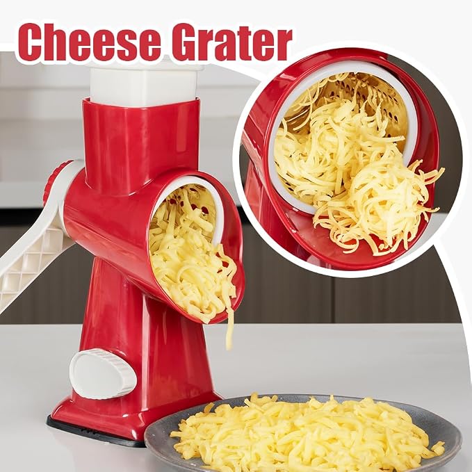 Cheese Grater Hand Crank Rotary Vegetables Shredder with Handle | 3-in-1 Graters, Interchangeable Blades, Non-slip Base, Multifunctional Slicer