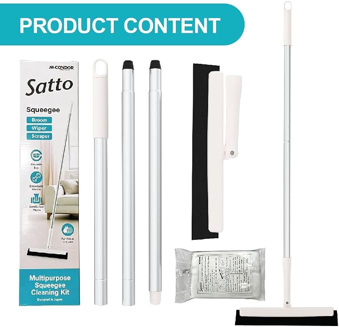 Japan-Designed Satto Floor Squeegee Kit with EVA Rubber Blade, Extendable Squeegee Broom (up to 52.56"), Water Broom for Concrete Floors, Bathroom, Window & Car Cleaning, Includes Disinfectant Wipes