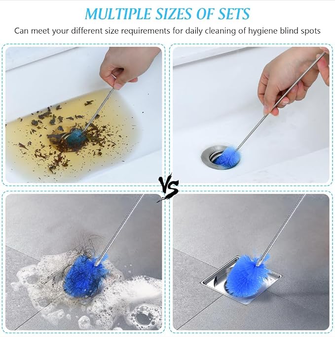 Flexible Long Drain Brush Set, with Double Ended and Stainless Steel Tube Cleaning Brushes Stainless Steel Long Tube Cleaning Brushes for Kitchen, Sink, Drain Pipe and Long Pipe Cleaning