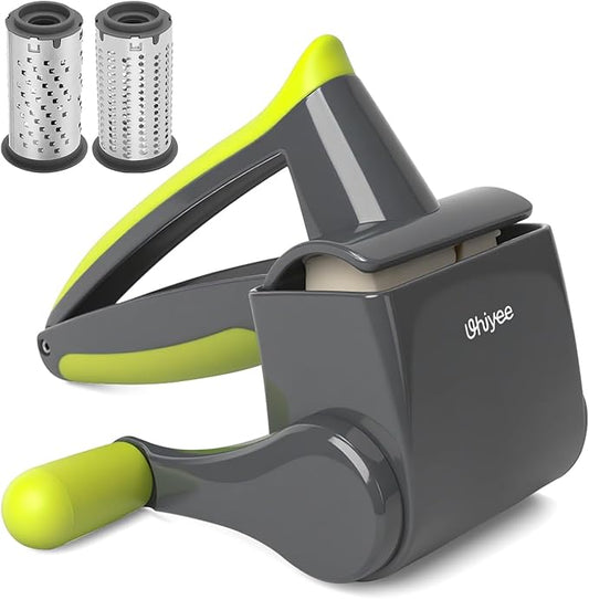 UHIYEE Patented Rotary Parmesan Cheese Grater, Hand Crank Cheese Shredder with Fine & Coarse Drums, Restaurant Quality, White, Stainless Steel & ABS, Dishwasher Safe, Gray Green