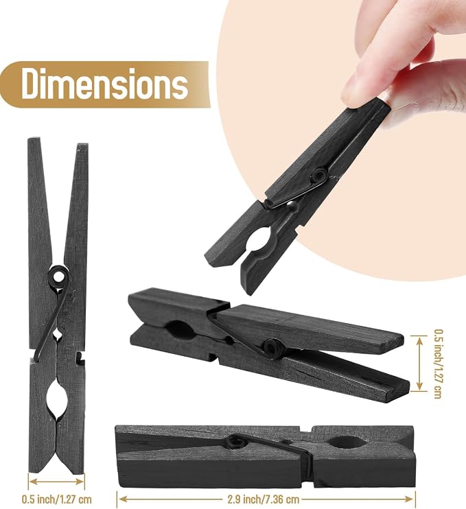 100 Pack Black Wooden Clothes Pins 2.9 Inch, Heavy-Duty Wood Clothespins | Wooden Clips for Hanging, Crafts, Laundry, Photo Display & Classroom Decoration, Smooth Finish & Rust Resistant Spring