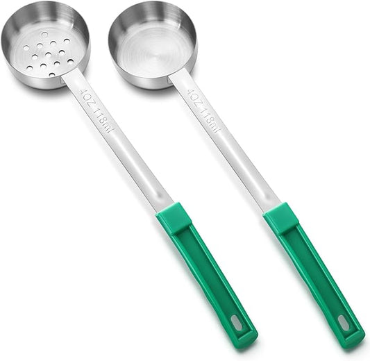 Teenyyou 2 Pcs Portion Control Serving Spoons, Restaurant Measuring Serving Ladle Utensils, Portion Spoons for Weight Loss, Kitchen (Green,4 oz,Solid and Slotted)