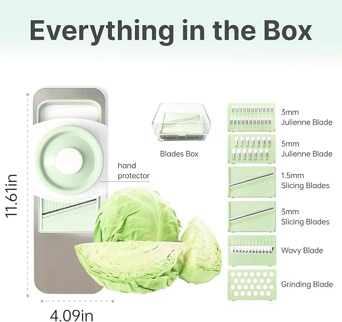 ZKIRON Stainless Steel Mandoline Slicer for Kitchen, 6-in-1 Handheld Vegetable Slicer with 360° Full-Cover Safety Guard, Potato Cucumber Julienne Shredder Grater, Compact Salad Prep (Mint Green)