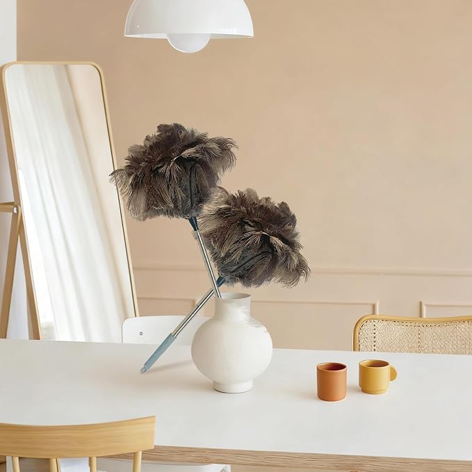 NCEDN Genuine Ostrich Feather Duster 40 Inches - Extendable Stainless Steel Handle, 8 Inches Long Thick Feathers, Telescopic Duster for Ceiling Fans, Blinds, Furniture, Car, Washable