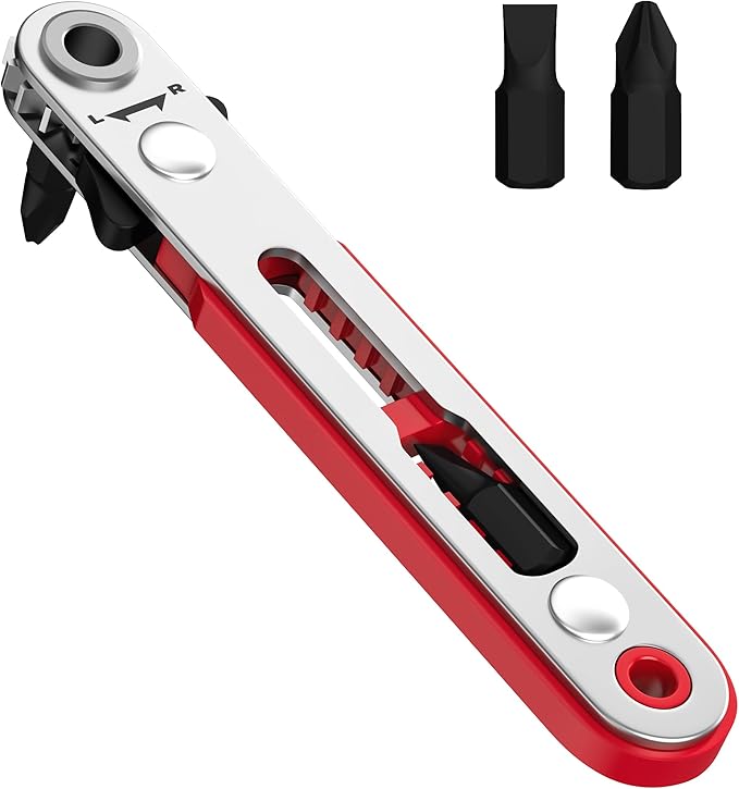 Bates Mini Ratchet Wrench, 1/4" Magnetic 90 Degree Screwdriver, Low Profile Right Angle Screwdriver for Tight Spaces
