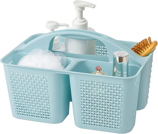 Plastic Portable Shower Caddy Basket with Handle, 3 Compartments, Blue | Storage Organizer with Drain Holes, Sturdy and Durable For Bathroom, Kitchen, College Dorm, Sink, Camping