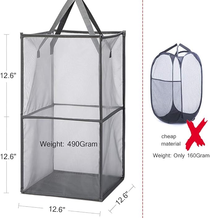 HONOMA Laundry Bags Hamper Bag with Handles,Portable & Collapsible Dirty Clothes Mesh Basket Foldable for Washing Storage, Kids Room,Dorm or Travel (Black,Double-Layer)