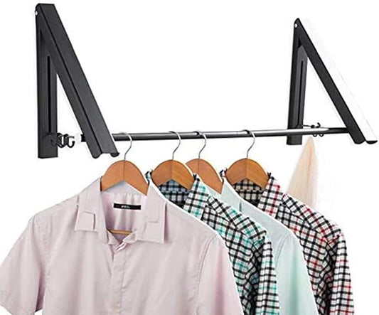 Laundry Drying Rack, Wall Mounted Retractable Clothes Hanger, Aluminium Home Storage Organization Space Savers for Home(2 Racks with Rod,Black) | Double Foldable Laundry Clothes Hanger with Extension Rod, Aluminium for Dorm, Closet, Balcony, Laundry Ro...