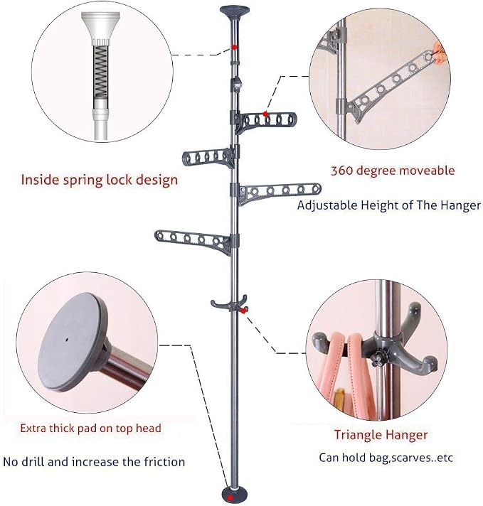 BAOYOUNI 4-Tier Drying Rack Floor to Ceiling Adjustable Metal Grey | Metal Corner Tension Pole，Floor to Ceiling Adjustable ， Space-Saving Laundry Organizer，No Drilling Required
