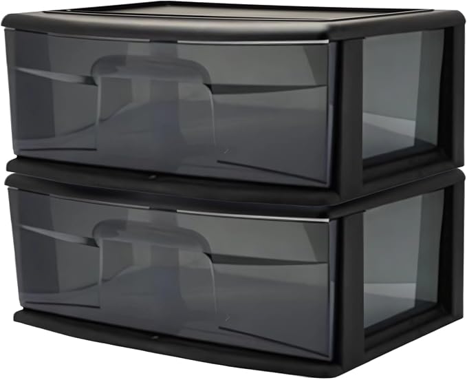 HOMZ 2-Pack 1-Drawer Storage Cart, Plastic Container with Smoke Tint, 15" Wide Body, Black Frame - Organizing Drawer Containers for Home, Bathroom, Bedroom, Office, and Classroom