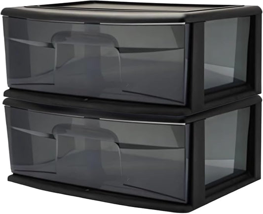 HOMZ 2-Pack 1-Drawer Storage Cart, Plastic Container with Smoke Tint, 15" Wide Body, Black Frame - Organizing Drawer Containers for Home, Bathroom, Bedroom, Office, and Classroom