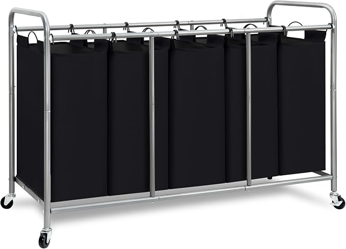 STORAGE MANIAC 5 Section Laundry Sorter, 5 Bins Rolling Separator Laundry Basket, Dirty Clothes Hamper Divider with Heavy Duty Lockable Wheels, Large Clothes Organizer Cart, Black