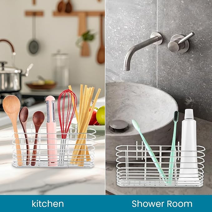 304 Stainless Steel Utensil Drying Rack Holder, 3-Compartment Kitchen Utensil Organizer Flatware Basket with Hooks for Dish Drying Rack, Sink Dish Drainer, Kitchen & Bathroom,7.87 x 1.57x 3.54inch