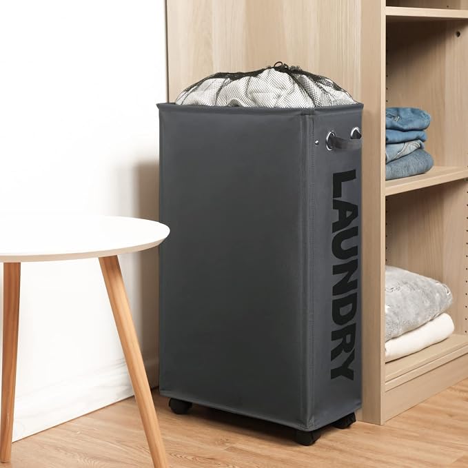 DOKEHOM 29" Enlarged Slim Rolling Laundry Basket Hamper on Wheels, Grey | Collapsible tall laundry hamper with removable mesh wash bag. Foldable narrow corner clothes storage bin for small spaces