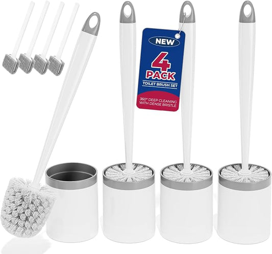 Holaloha Toilet Brush, 4 Pack Toilet Brush and Holder Set, Compact Bathroom Accessories for Toilet Bowl Cleaning and Space Saving, White