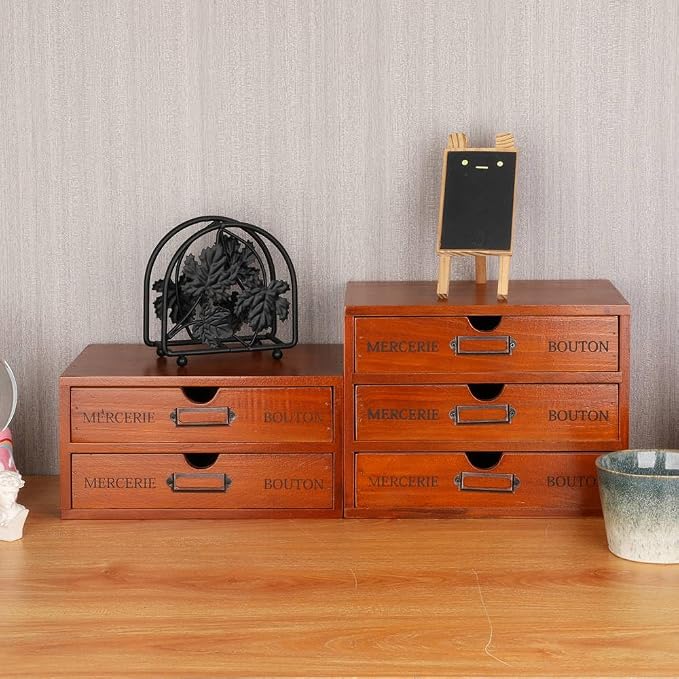 Small Wooden Drawers Wooden Box with Drawer Brown | 3 Drawer Storage Box for Apothecary Cabinet, Apothecary Drawers，Desktop Organizer with Metal Handles for Office，Home