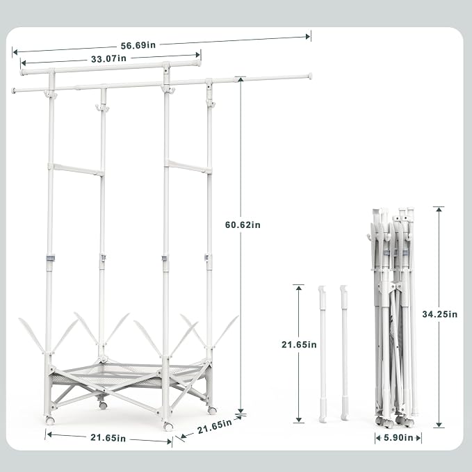 Portable Foldable Clothes Drying Rack - Adjustable Double Extendable Rods (33.1” to 56.7”) -Portable Coat Rack for Travel, Camping, Drying, RV, Indoor, Outdoor, Easy Assemble（White