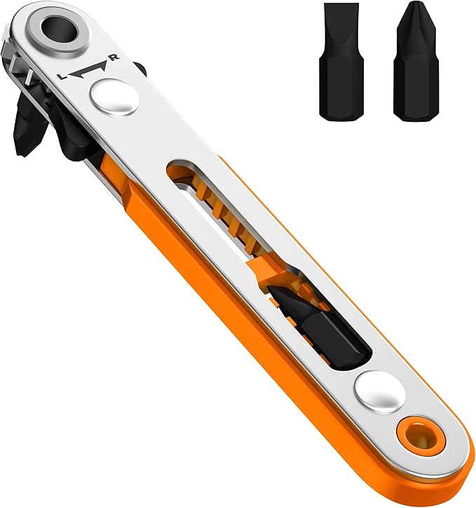 Bates- Mini Ratchet Wrench, 1/4" Magnetic 90 Degree Screwdriver, Orange, Low Profile Right Angle Screwdriver for Tight Spaces