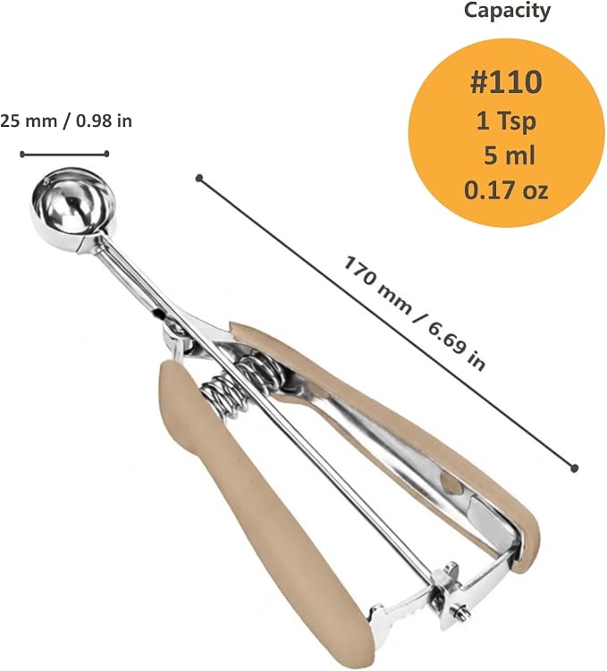 Cookie Scoop, Extra Small Cookie Scoop for Baking, 1 tsp / 5 ml Cookie Scooper, 18/8 Stainless Steel Cookie Scooper for Baking, Cookie Dough Scoop with Non-slip Grip (Brown)