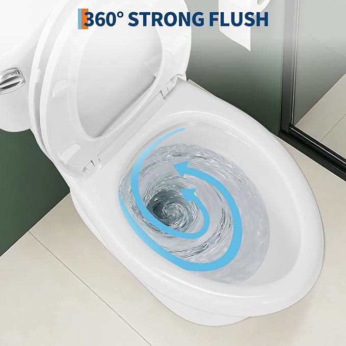Two Piece Toilet, 17" Elongated with Upgraded Flushing, Single Handle (Side Mounted), Includes Soft-Close Seat & Hardware, White, 12" Rough-in