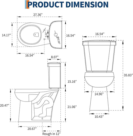 Two Piece Toilet with 21" Extra Tall Height, Round Ceramic Bowl and Locking PP Lid -Dual Flush, CUPC Certified, Water Efficient