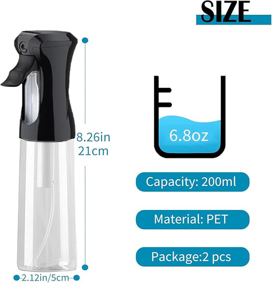 THINTON Mist Spray Bottle for Hair (6.8oz/200ml) - 2 Pcs Continuous Spray Bottle for Hairstyling, Cleaning, Plant and Gardening