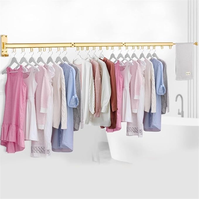 Pull Out Clothes Hanger Rail Rack - Clothes Airer - Clothes Drying Rack Wall Mounted with Space Saver Hangers Design Universal Folding Retractable for Balcony,Gold-180cm