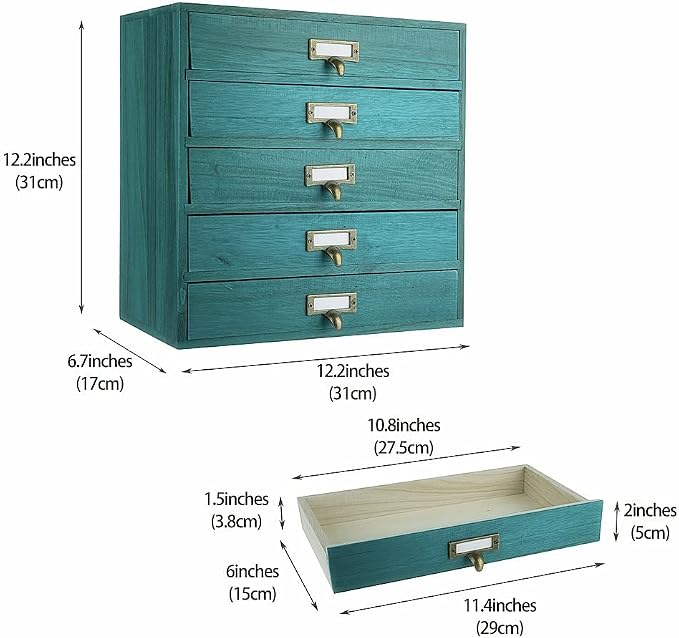 GoooodGIFT Wooden Drawers Small Wooden Box with Drawer, Blue | 5 Drawer Wood Storage Box , Vintage Desktop Organizer with Drawers, Desk Organizers for Library Card Catalog Cabinet