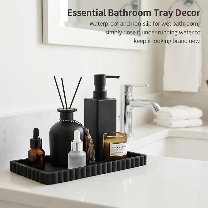Silicone Bathroom Vanity Tray, Sink Caddy for Dish Soap Dispenser, Sponge Holder for Kitchen Sink, Rectangle Bathroom Countertop Organizer for Perfume, Jewelry, Candle (9.9” * 6”, Black)