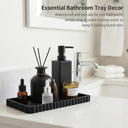 Silicone Bathroom Vanity Tray, Sink Caddy for Dish Soap Dispenser, Sponge Holder for Kitchen Sink, Rectangle Bathroom Countertop Organizer for Perfume, Jewelry, Candle (9.9” * 6”, Black)
