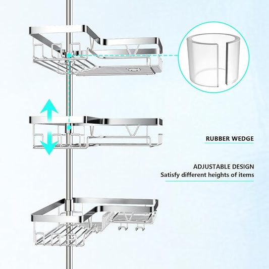 DAOYA Corner Shower Caddy Tension Pole - Chrome Tension Rod Shower Caddy Adjustable Shampoo Holder for Bathroom/Bathtub/RV, Stainless Steel, Floor to Ceiling 25-114.2 inch