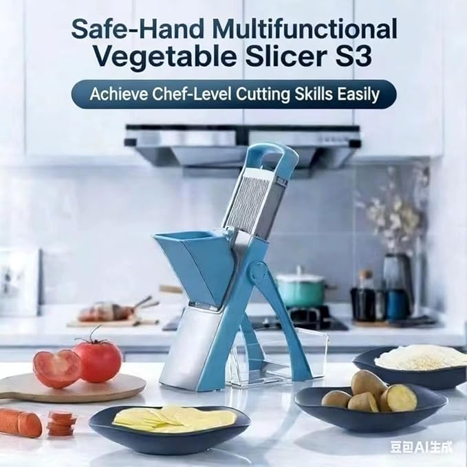 Mandoline Slicer Vegetable Cutter with Container - No Blade Change Needed, Adjustable 0.1-8mm Thickness, Stainless Steel, Hand Guard, Julienne Waffle Cuts for Meal Prep (Blue)