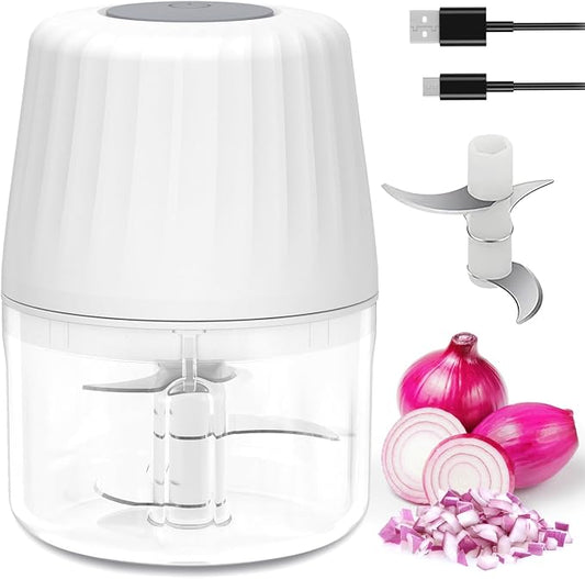 Mini Garlic Chopper, 250ml Small Food Processor Cordless 1 Cup, Battery USB-C Rechargeable Electric Food Chopper Wireless, Portable Garlic Grinder Masher,Veggie Meat Blender Mincer Kitchen Mixer,White