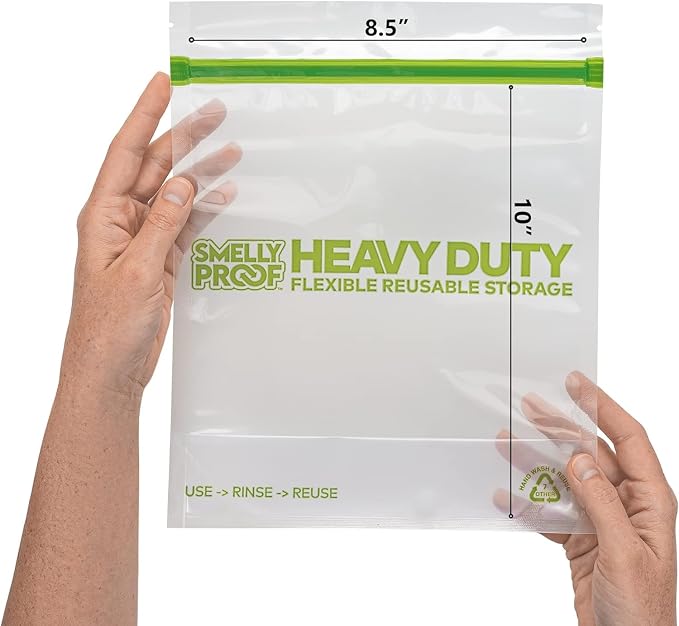 Smelly Proof BULK VALUE, 50-Pack HEAVY DUTY 5-mil Reusable Bags, Stand-Up, Expandable, Dishwasher-Safe, Odor-Proof, Durable Poly Nylon (Non-Silicone) US-Made 8.5" x 10" Quart 50pk