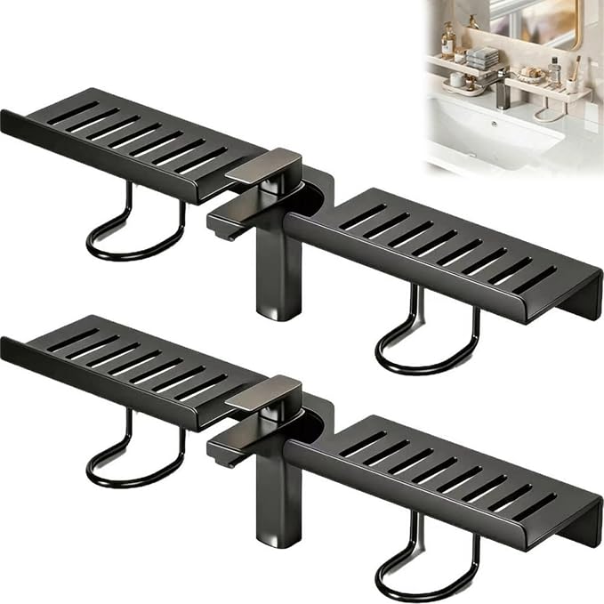 19.7 Inch Over Sink Faucet Storage Rack, No-Drill Countertop Storage Rack for Toiletries & Skincare, Over Sink Shelf, Compact Countertop Stand, for Kitchen, Bathroom, Shower, Easy Drainage (Black* 2)