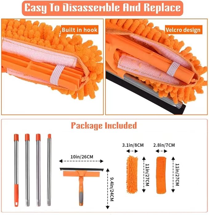 68'' Window Squeegee Cleaner Kit - 2-in-1 Rotatable Window Cleaning Tool with Extension Pole, Professional Streak-Free Squeegee with Bendable Head for Indoor/Outdoor Windows Car Glass (Orange)