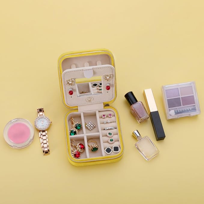 ZPROW Plush Velvet Travel Jewelry Case, Organizer, Box, Small Case for Women, Earring Organizer with Mirror, Best Gifts For Daughter, Girlfriend, Mom - Yellow