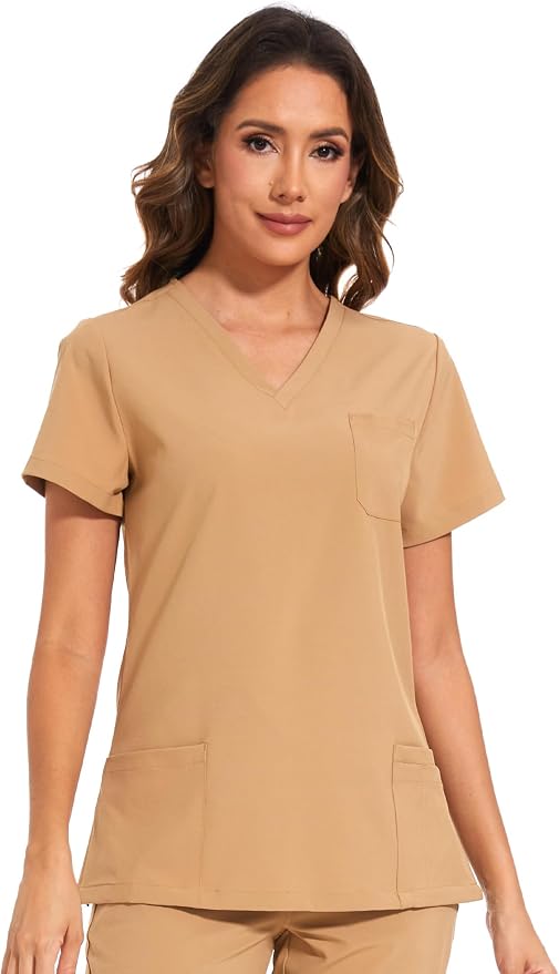 Scrubs Tops for Woman - Soft Stretch, V-Neck Tops | 3 Pockets, Side Split Design, Short Sleeve, Breathable & Lightweight Nursing Shirt, Easy-Care Fabric for All-Day Comfort