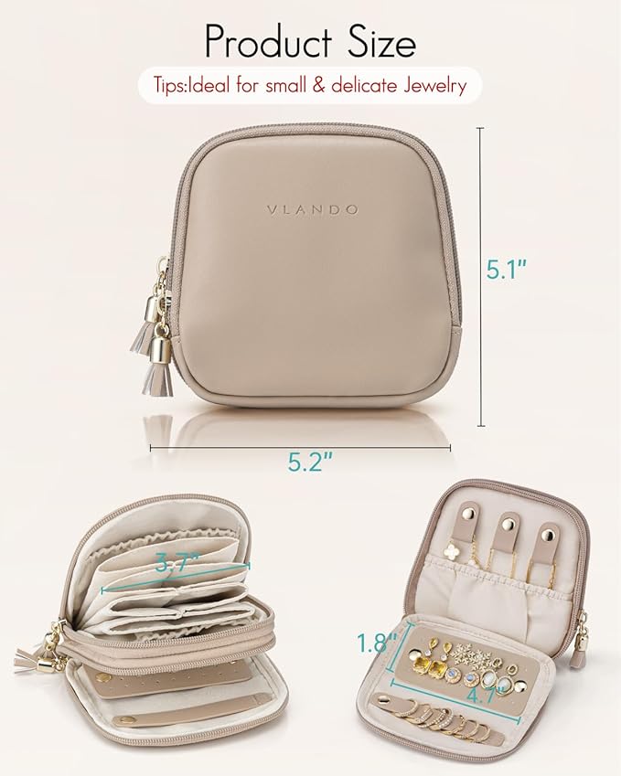 VLANDO 2-Layer Travel Jewelry Case for Necklaces,Rings,Earrings | Storage with Velvet Lining,Keeps Small Jewelry Separated for Travel,Carry-On Totes,Daily Use,Toffee