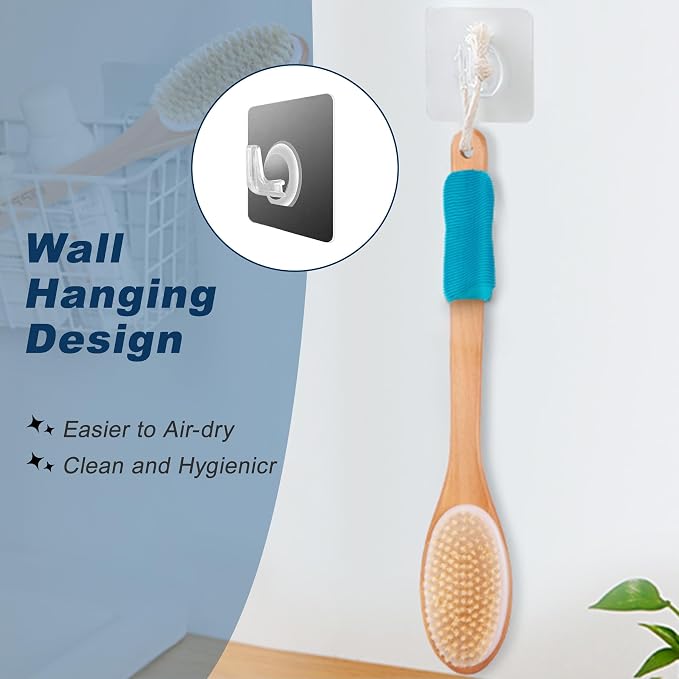KIPRITII Ergonomically Back Scrubber for Shower - Double-Sided Back Brush Long Handle for Shower, Wet & Dry Brush for Cellulite and Lymphatic (Blue)