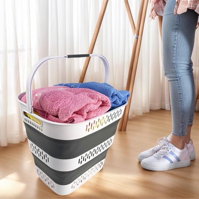 SAMMART 40L (10.5 Gallon) Collapsible Plastic Laundry Basket with Handles - Foldable Pop Up Storage Container/Organizer - Portable Laundry Hamper - Space Saving (1, White/Steel Grey)