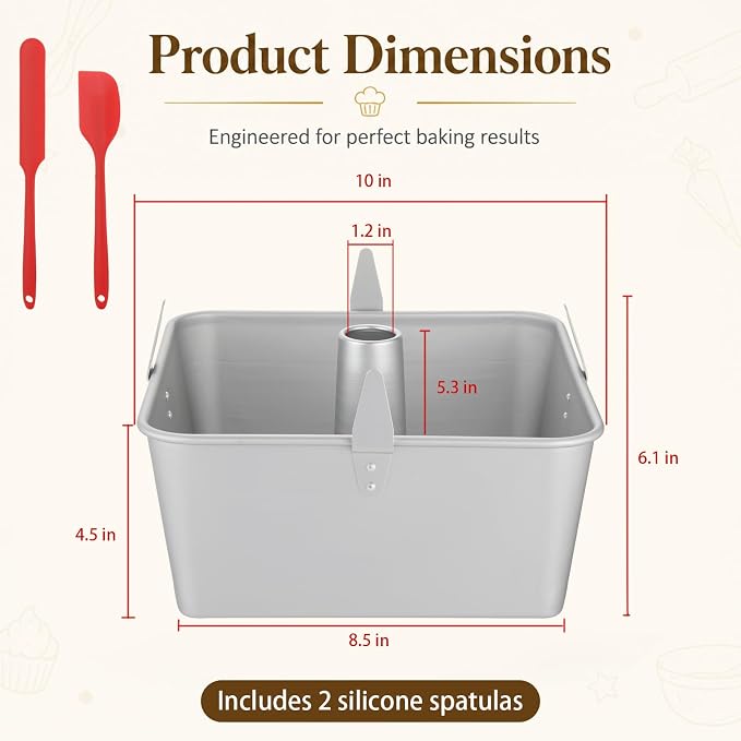 Square Tube Cake Pan, 10 Inch Aluminum Baking Mold with Removable Bottom & Cooling Feet & Silicone Spatulas, Anodized Chiffon and Angel Food Cake Pan for Even Heat Distribution and Easy Release
