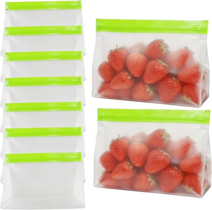 PABCK 10Pcs Reusable Silicone Freezer Bags 5Green+5Orange 8.1x5.7+2.56 inch | Stand Up Freezer Food Bags Leakproof Resealable Produce Bag for Sandwich Smell Proof Fridge Organization for Lunch Travel