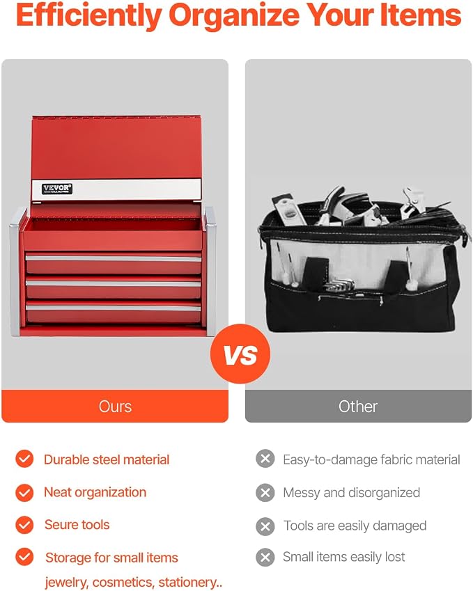 VEVOR Metal Tool Box, 8.6-inch, Portable Metal Tool Box with 3 Drawers, Small Tool Chest with EVA Liners and PP Feet Pads, Heavy-Duty Steel With Ball Bearing Opening and Powder Coated Finish, Red