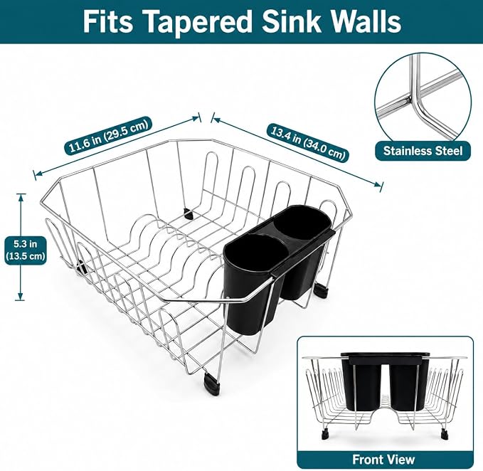 Small In Sink Dish Drying Rack, Stainless Steel Compact Dish Drainer with Removable Utensil Holder & 8 Cup Hooks, Rust-Resistant Rack for RV, Camper, Apartment & Small Kitchen, 11.6"W x 13.4"L, Silver