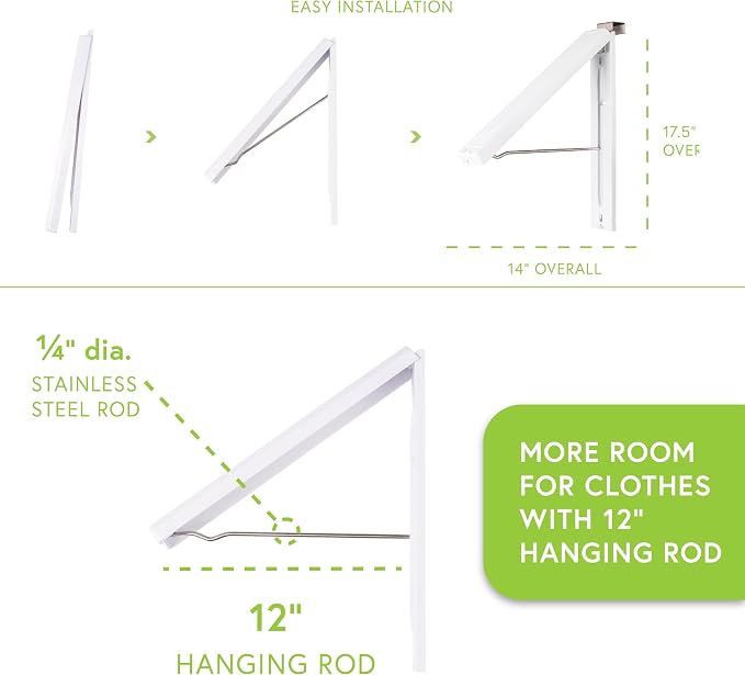InstaHanger Wall Mounted Clothes Drying Rack - 60lb Capacity (Pack of 2) | Wall Mounted Laundry Drying Rack Folds Flat When Not In Use - Collapsible and Space Saving Laundry Hanger for Storage